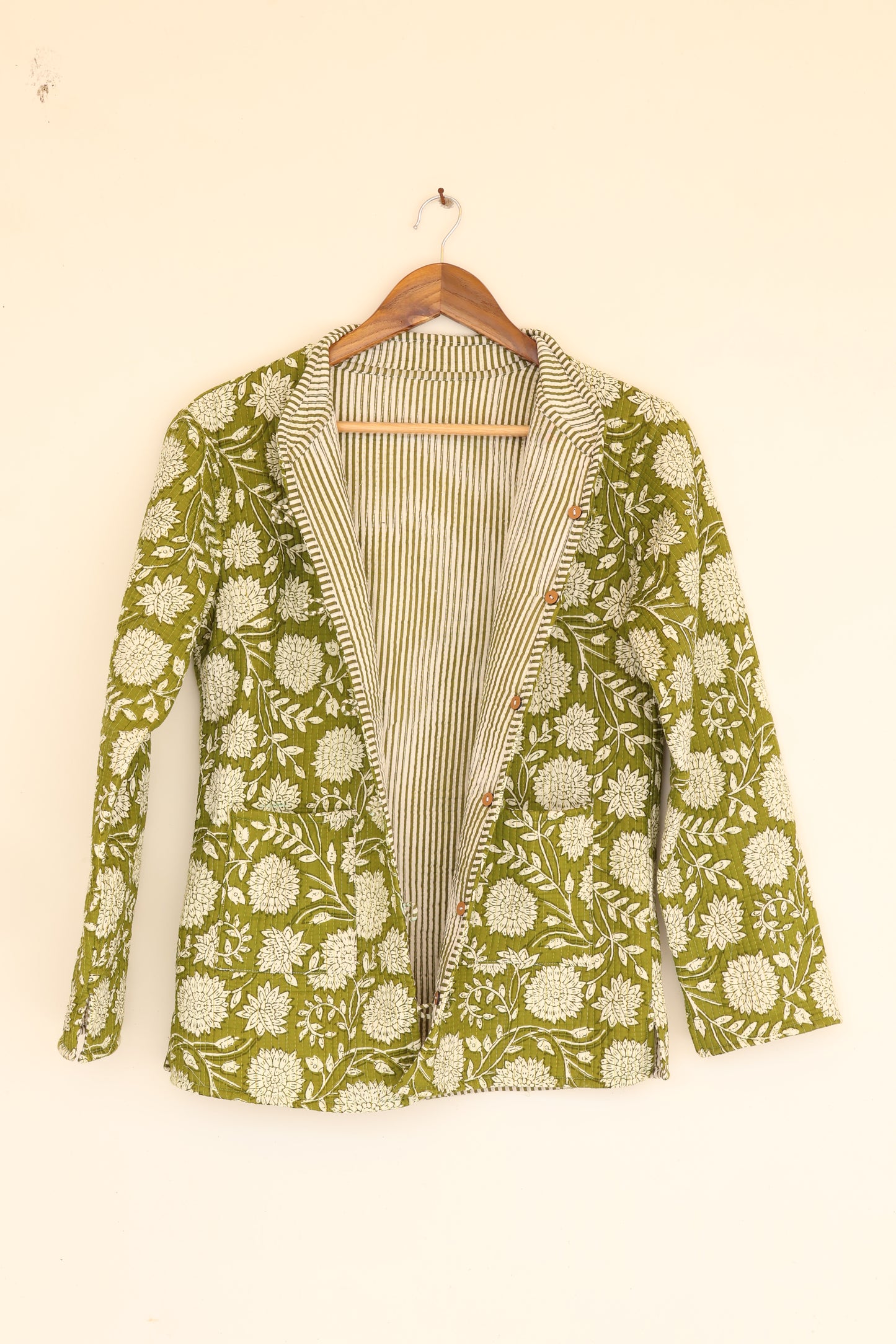 Olive Green Hand Block Printed Cotton Quilted Jacket - Bohoblockprinted