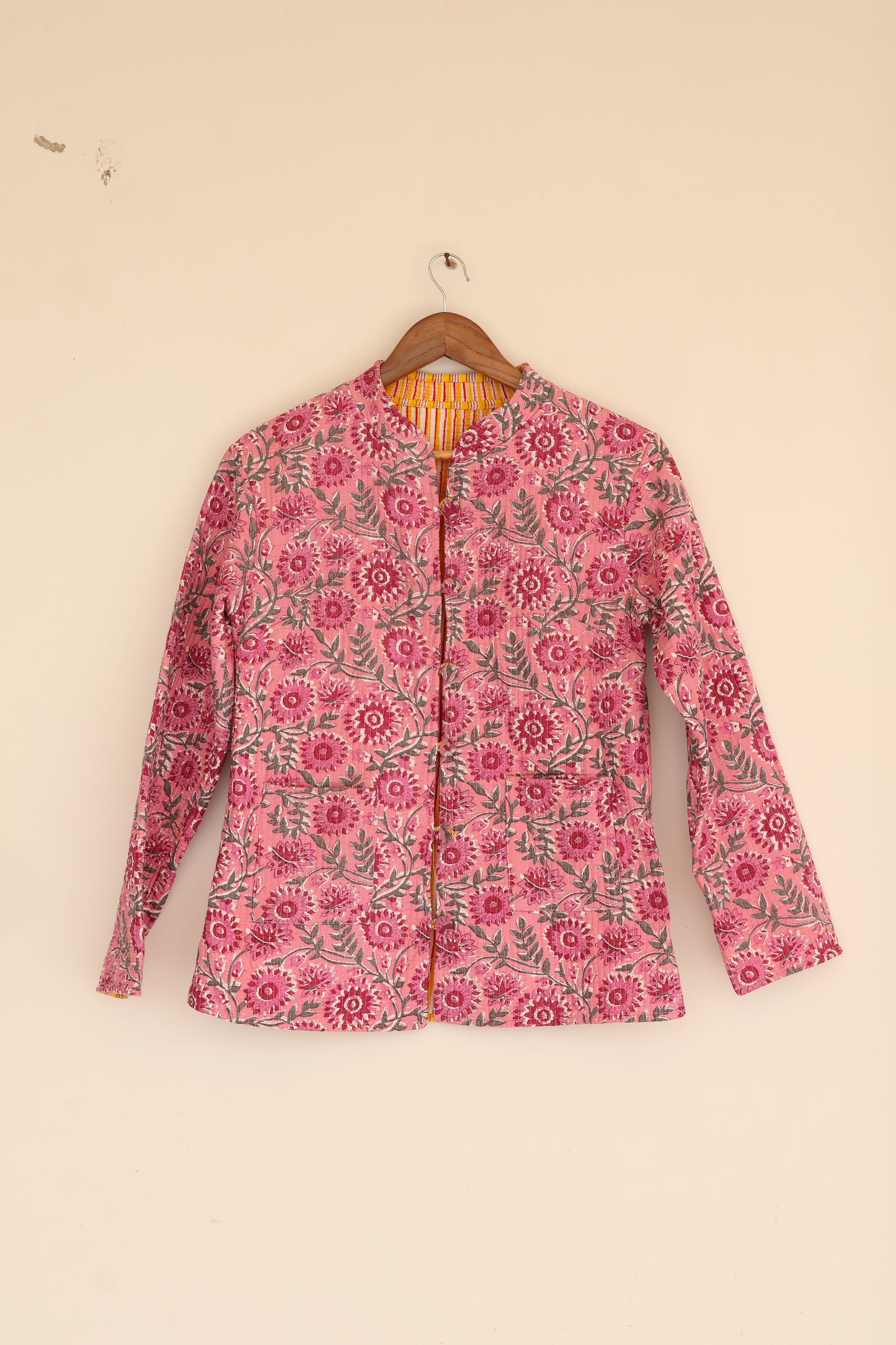 Pink Floral Hand Block Printed Cotton Quilted Jacket - Bohoblockprinted