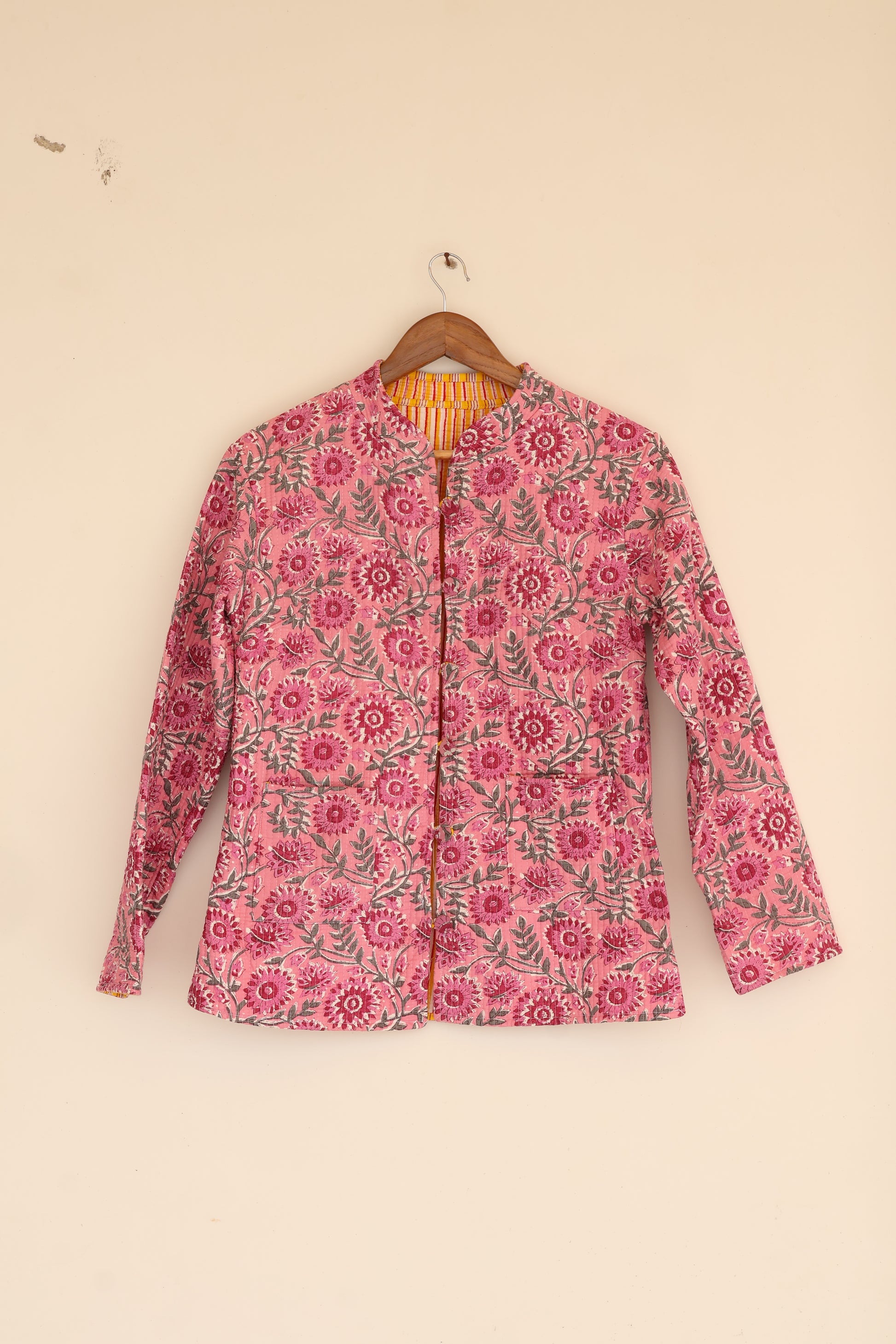 Pink Floral Hand Block Printed Cotton Quilted Jacket - Bohoblockprinted
