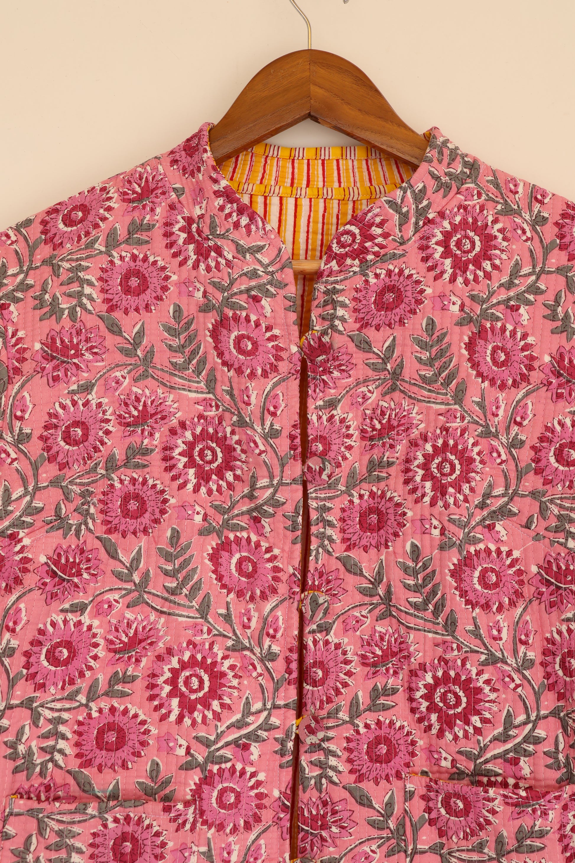 Pink Floral Hand Block Printed Cotton Quilted Jacket - Bohoblockprinted