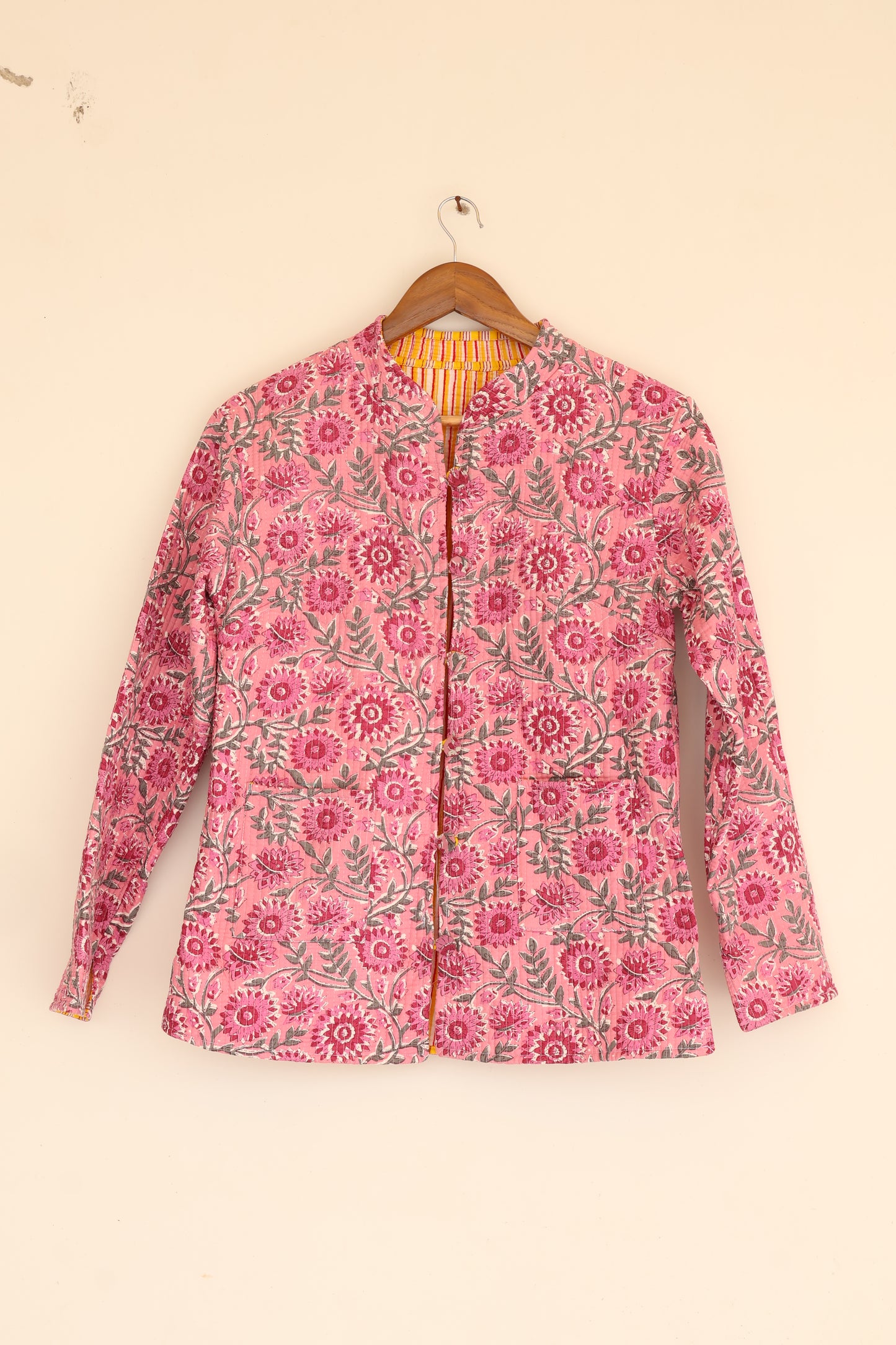 Pink Floral Hand Block Printed Cotton Quilted Jacket - Bohoblockprinted