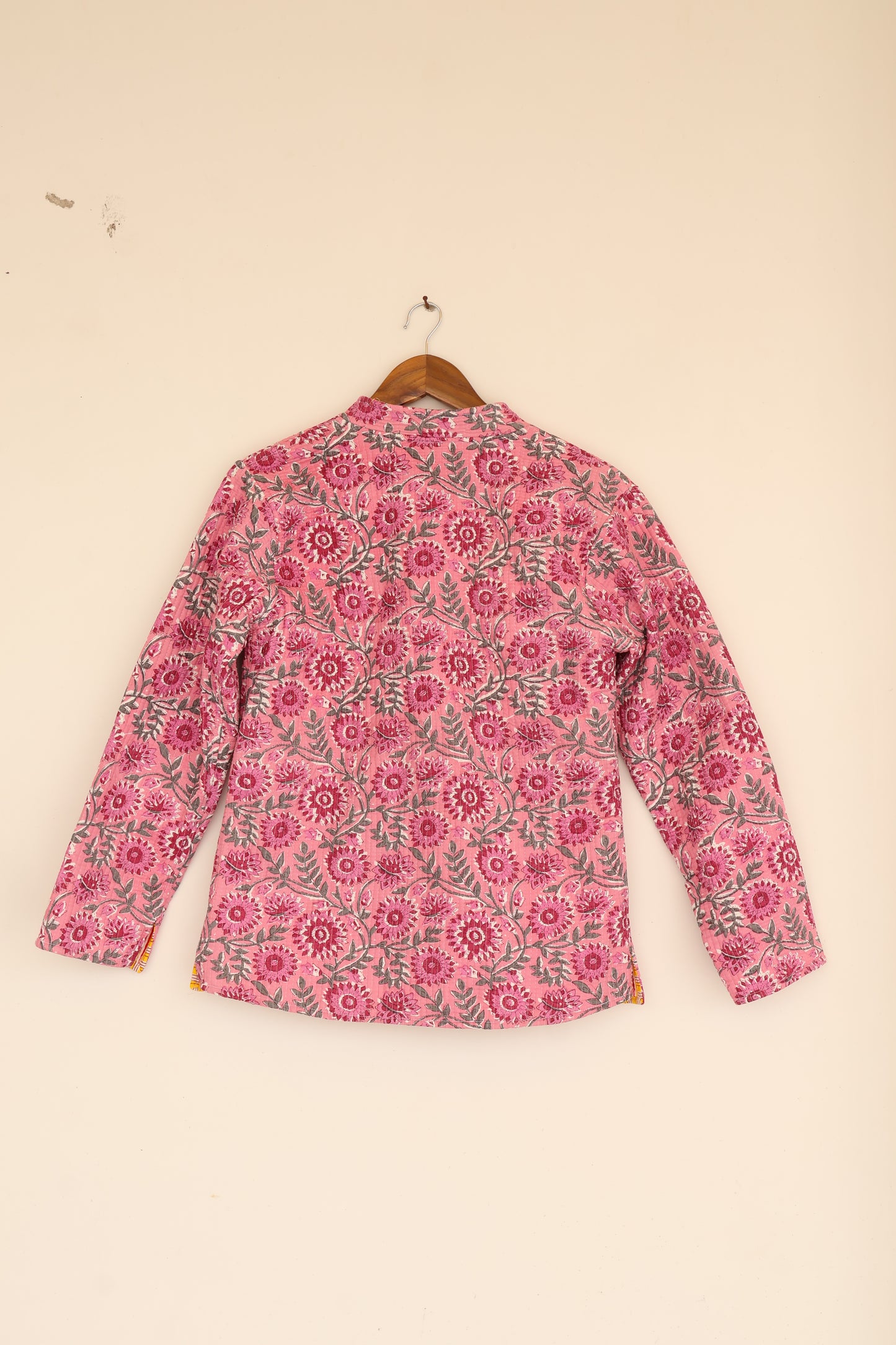 Pink Floral Hand Block Printed Cotton Quilted Jacket - Bohoblockprinted