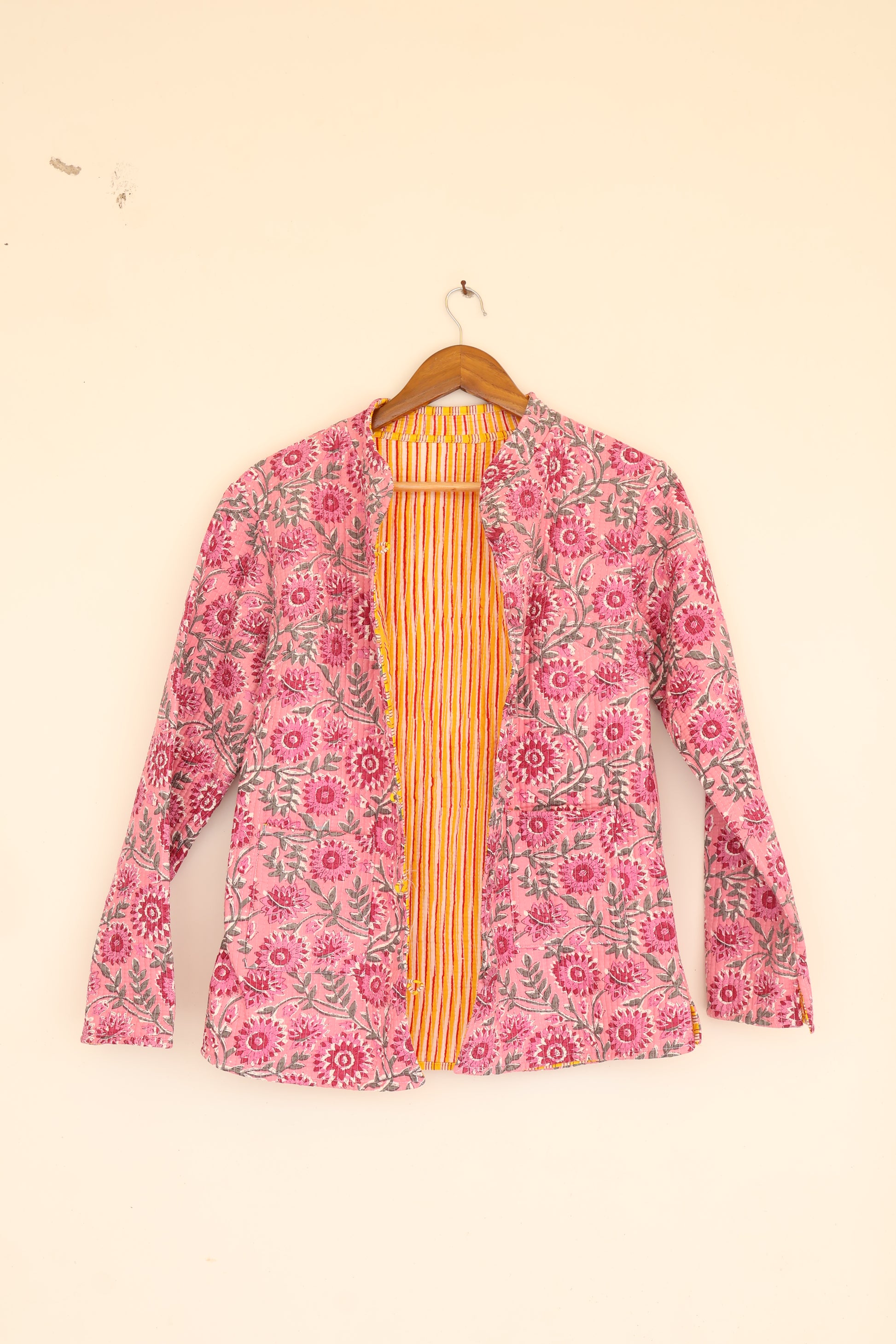 Pink Floral Hand Block Printed Cotton Quilted Jacket - Bohoblockprinted