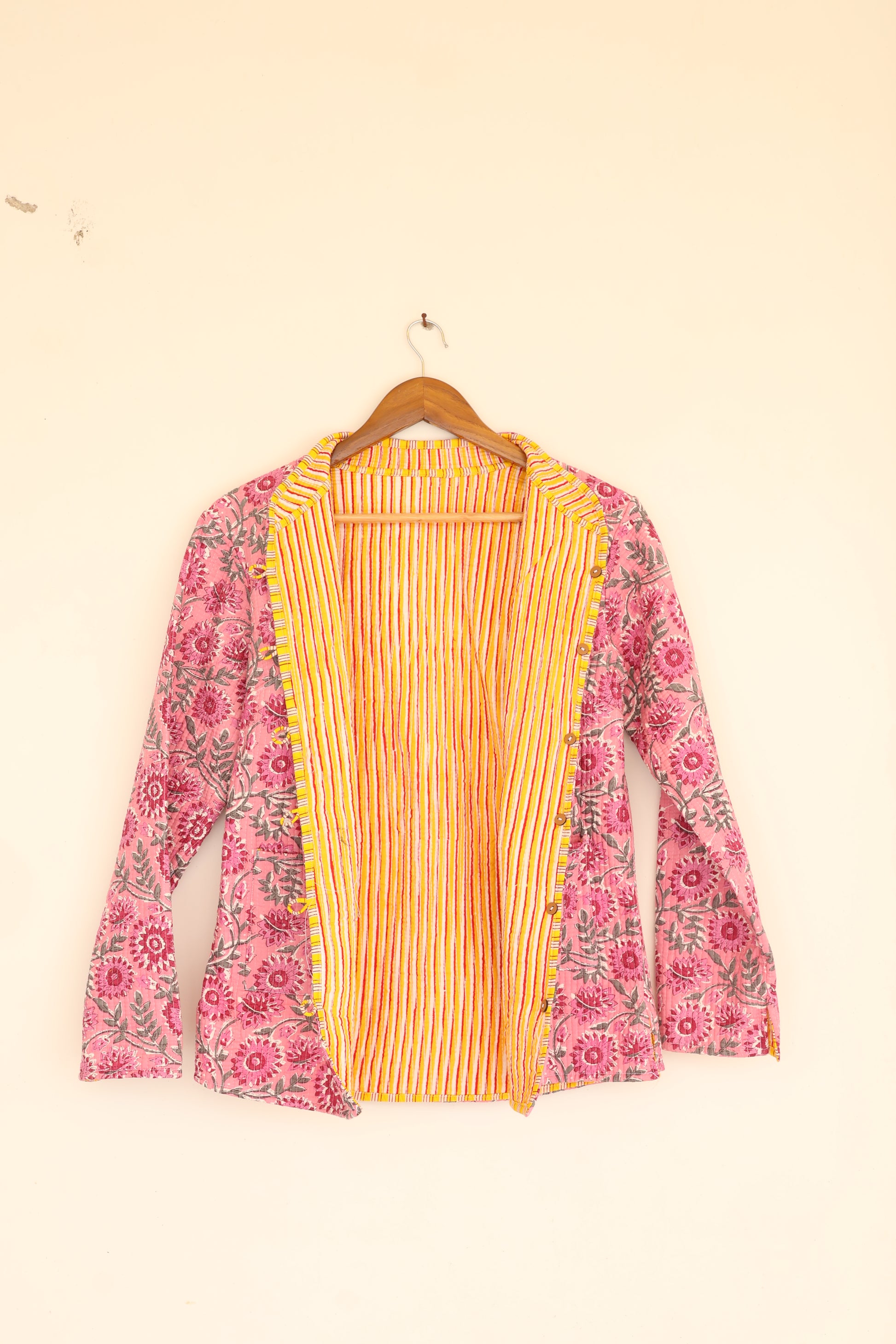 Pink Floral Hand Block Printed Cotton Quilted Jacket - Bohoblockprinted
