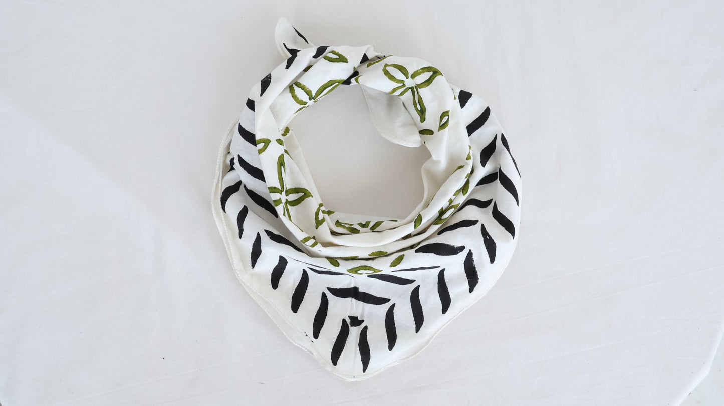 Hand Block Printed Cotton Bandana – Black & Olive Leaf Design | Boho Style Head & Neck Scarf - Bohoblockprinted