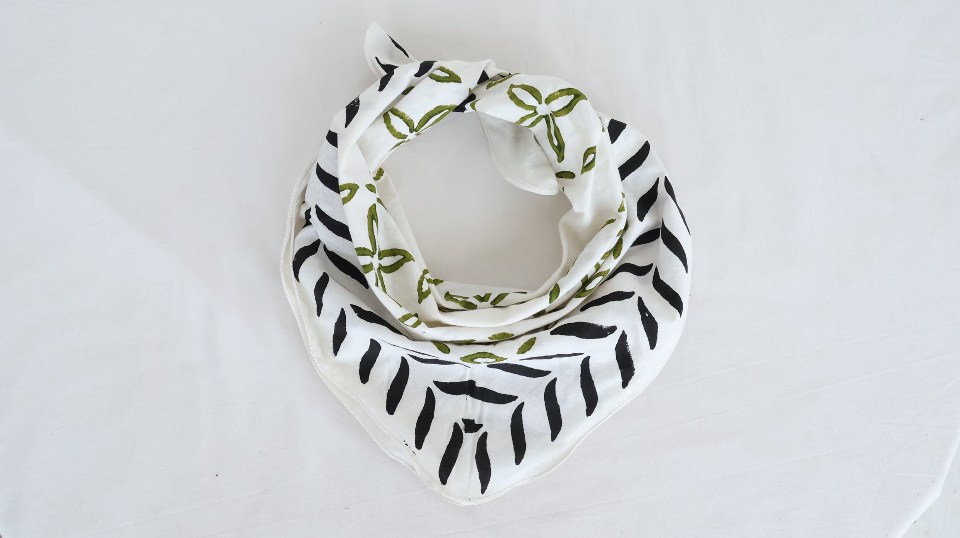 Hand Block Printed Cotton Bandana – Black & Olive Leaf Design | Boho Style Head & Neck Scarf - Bohoblockprinted