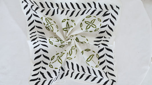 Hand Block Printed Cotton Bandana – Black & Olive Leaf Design | Boho Style Head & Neck Scarf - Bohoblockprinted