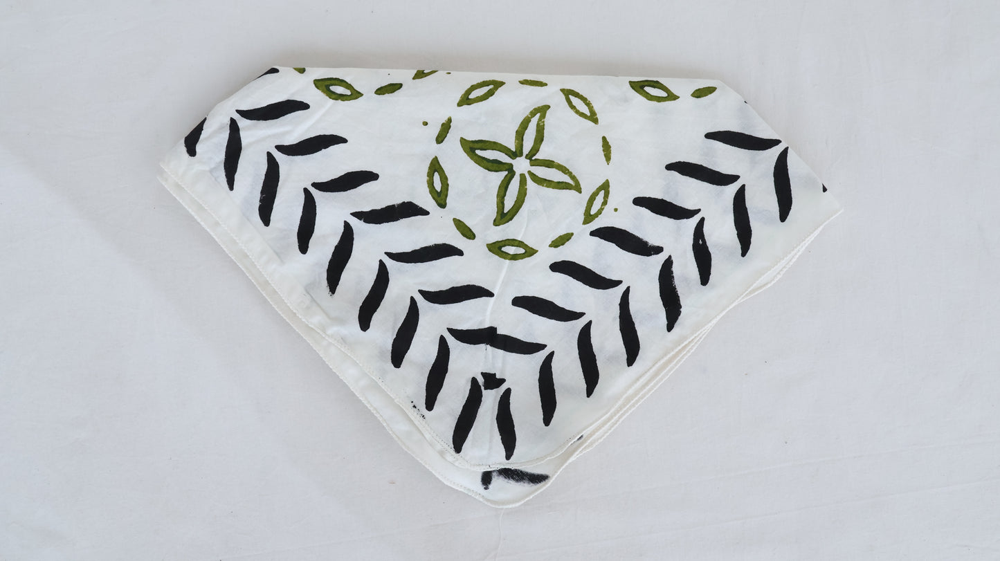 Hand Block Printed Cotton Bandana – Black & Olive Leaf Design | Boho Style Head & Neck Scarf - Bohoblockprinted