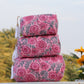 Pink Floral Hand Block Printed Quilted Pouch Set – 100% Cotton Travel & Makeup Organizer Bags