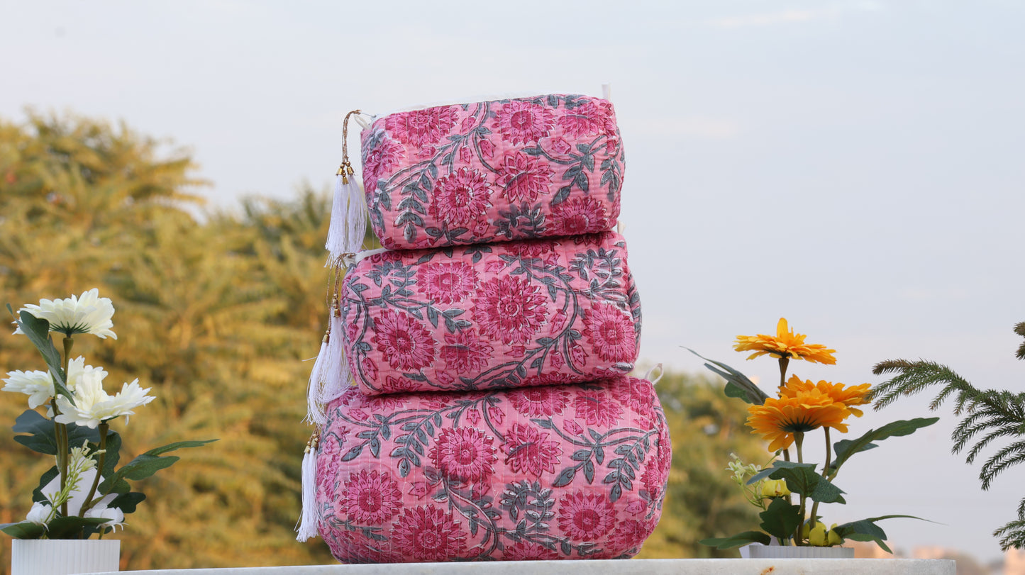 Pink Floral Hand Block Printed Quilted Pouch Set – 100% Cotton Travel & Makeup Organizer Bags