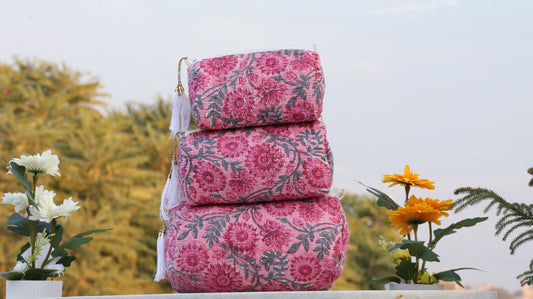 Pink Floral Hand Block Printed Quilted Pouch Set – 100% Cotton Travel & Makeup Organizer Bags