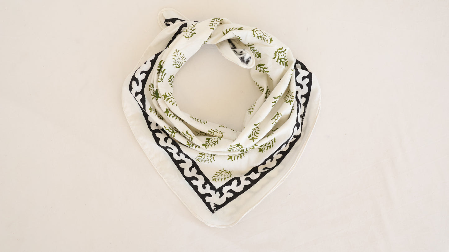 Cotton Bandana with Green Floral Print Border - Bohoblockprinted