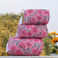 Pink Floral Hand Block Printed Quilted Pouch Set – 100% Cotton Travel & Makeup Organizer Bags