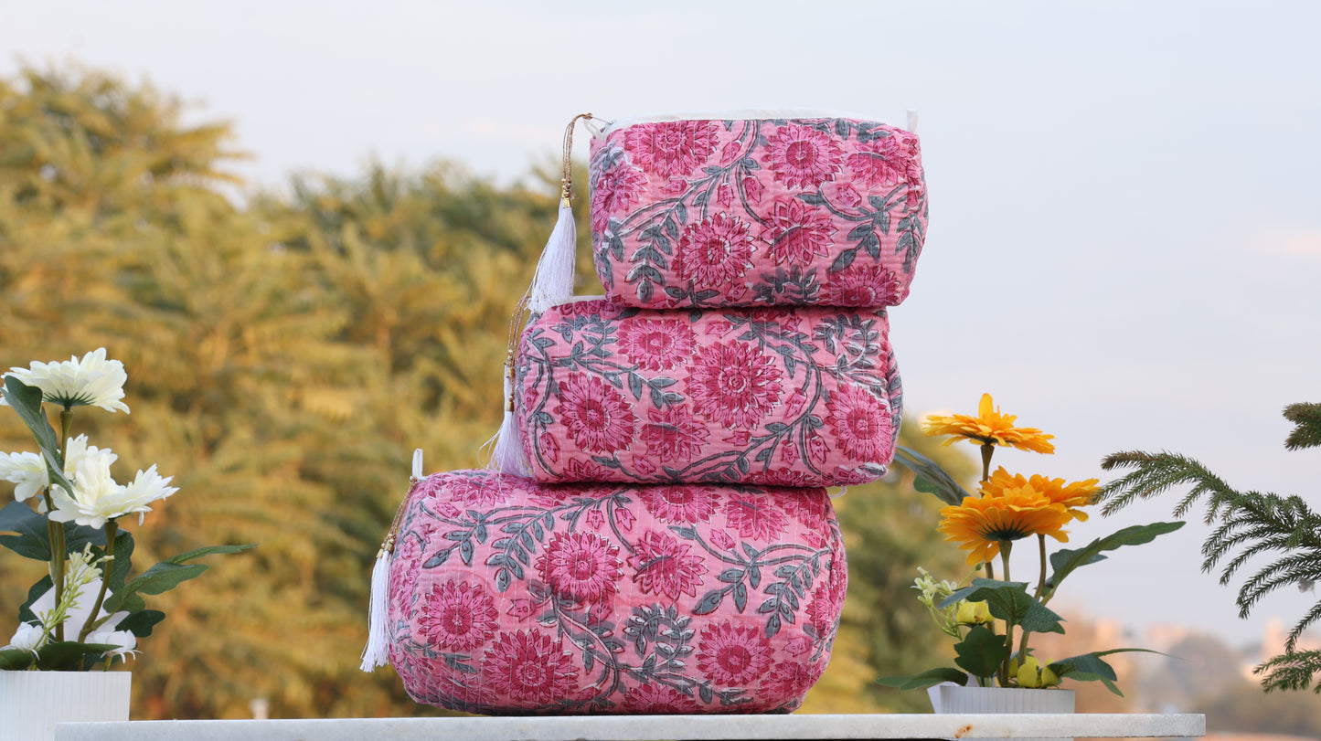 Pink Floral Hand Block Printed Quilted Pouch Set – 100% Cotton Travel & Makeup Organizer Bags