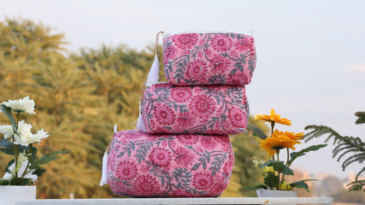 Pink Floral Hand Block Printed Quilted Pouch Set – 100% Cotton Travel & Makeup Organizer Bags