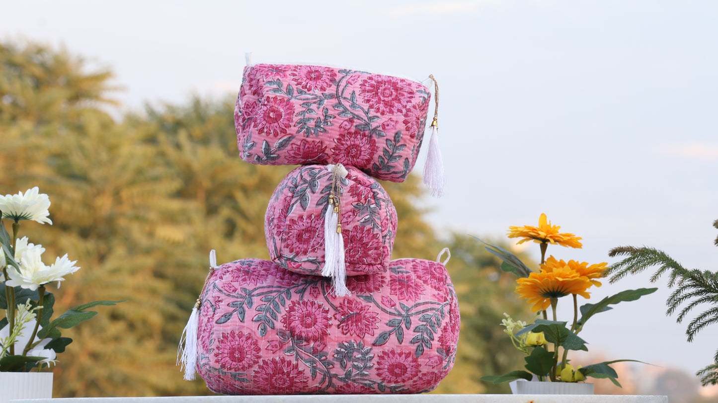 Pink Floral Hand Block Printed Quilted Pouch Set – 100% Cotton Travel & Makeup Organizer Bags