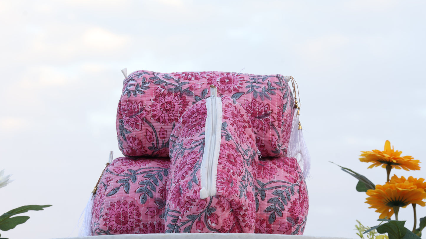 Pink Floral Hand Block Printed Quilted Pouch Set – 100% Cotton Travel & Makeup Organizer Bags