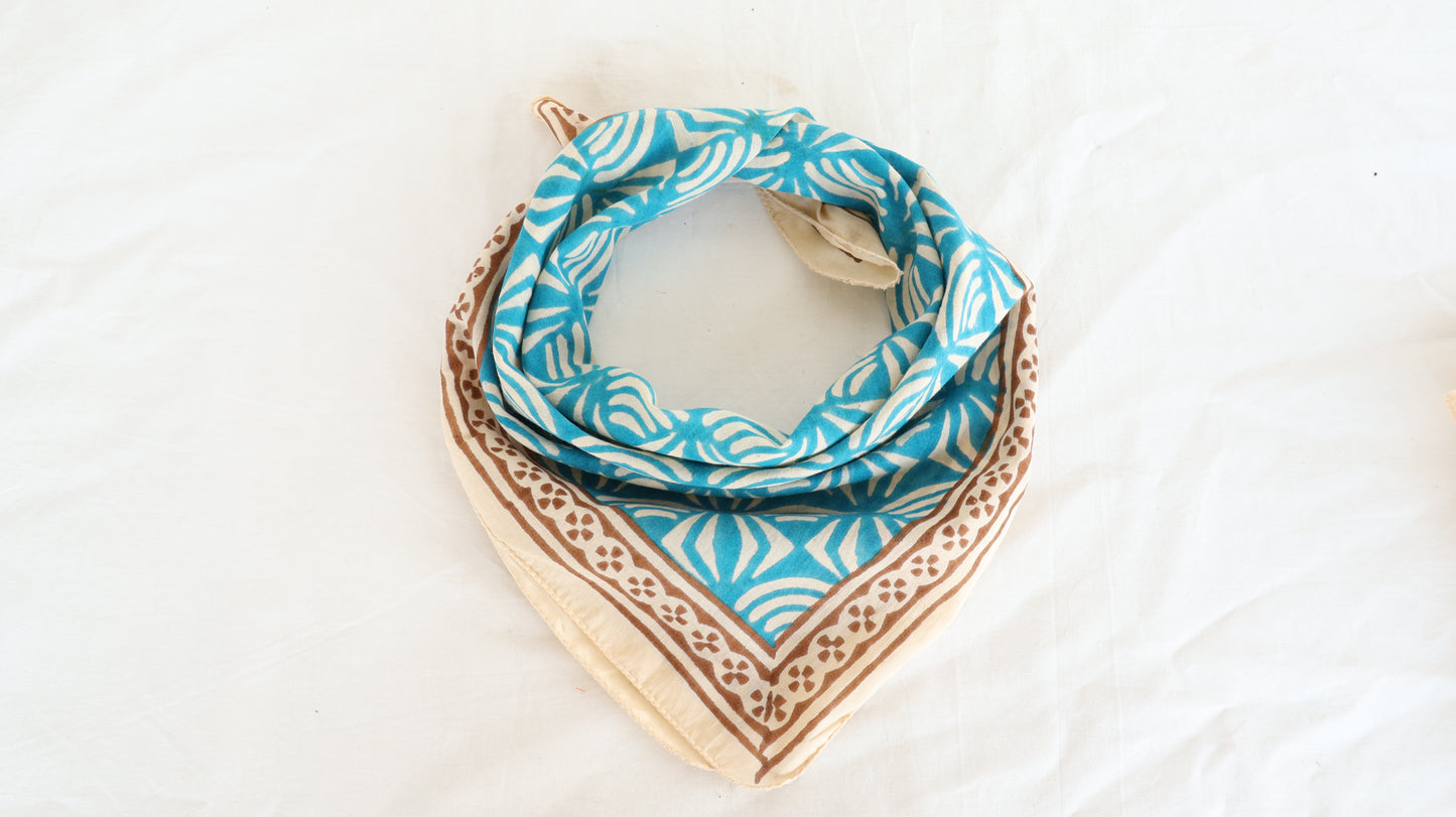 Hand Block Printed Cotton Bandana – Floral Geometric Pattern with Brown Border