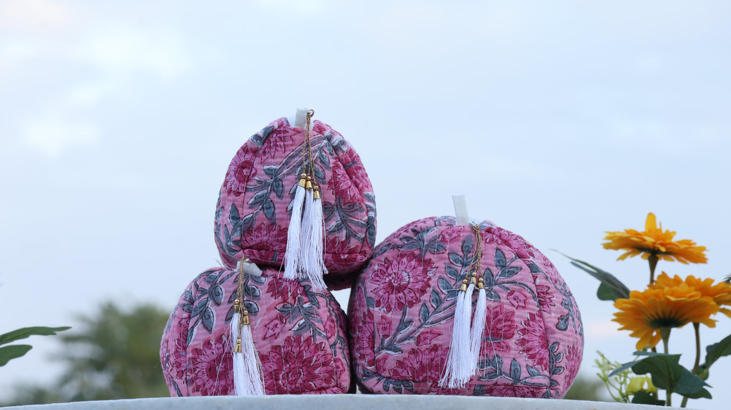 Pink Floral Hand Block Printed Quilted Pouch Set – 100% Cotton Travel & Makeup Organizer Bags