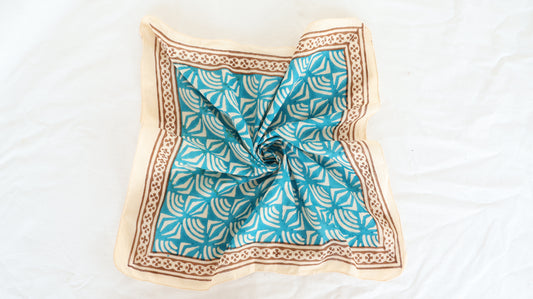 Hand Block Printed Cotton Bandana – Floral Geometric Pattern with Brown Border