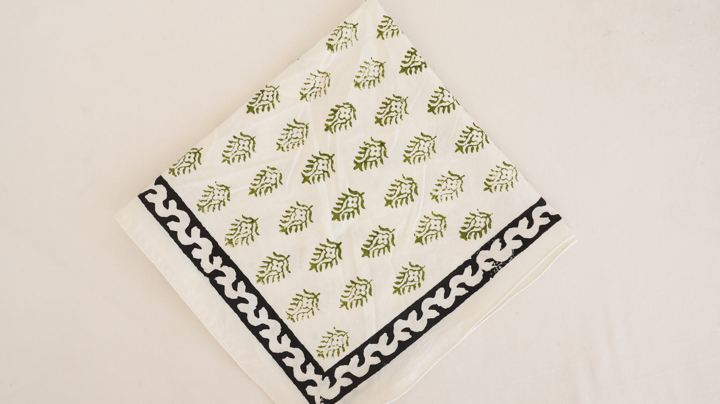 Cotton Bandana with Green Floral Print Border - Bohoblockprinted