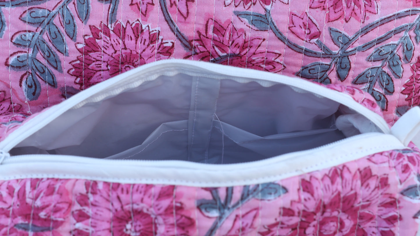 Pink Floral Hand Block Printed Quilted Pouch Set – 100% Cotton Travel & Makeup Organizer Bags