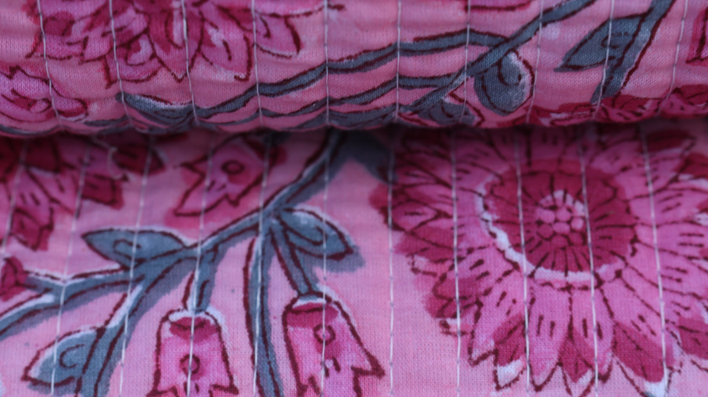 Pink Floral Hand Block Printed Quilted Pouch Set – 100% Cotton Travel & Makeup Organizer Bags