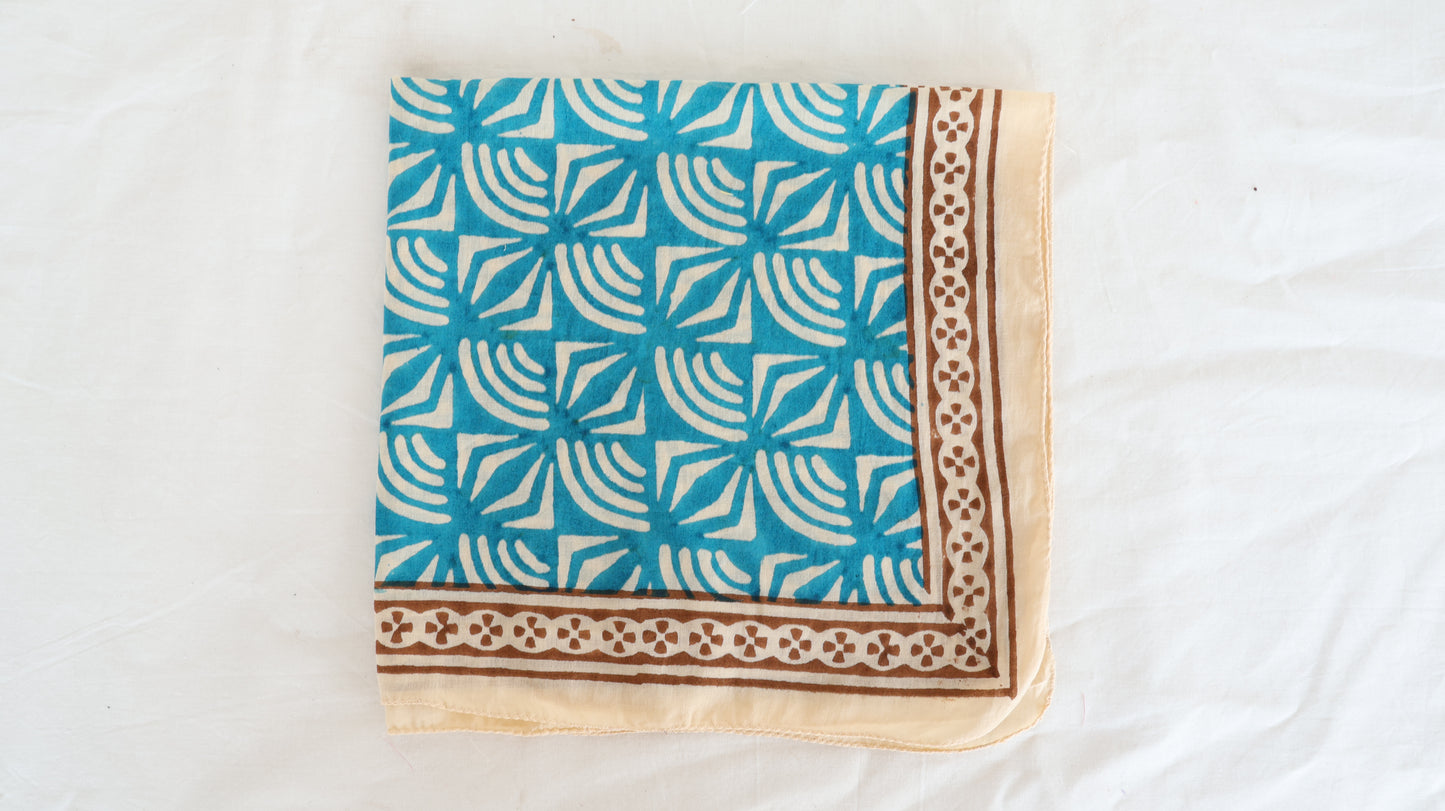 Hand Block Printed Cotton Bandana – Floral Geometric Pattern with Brown Border