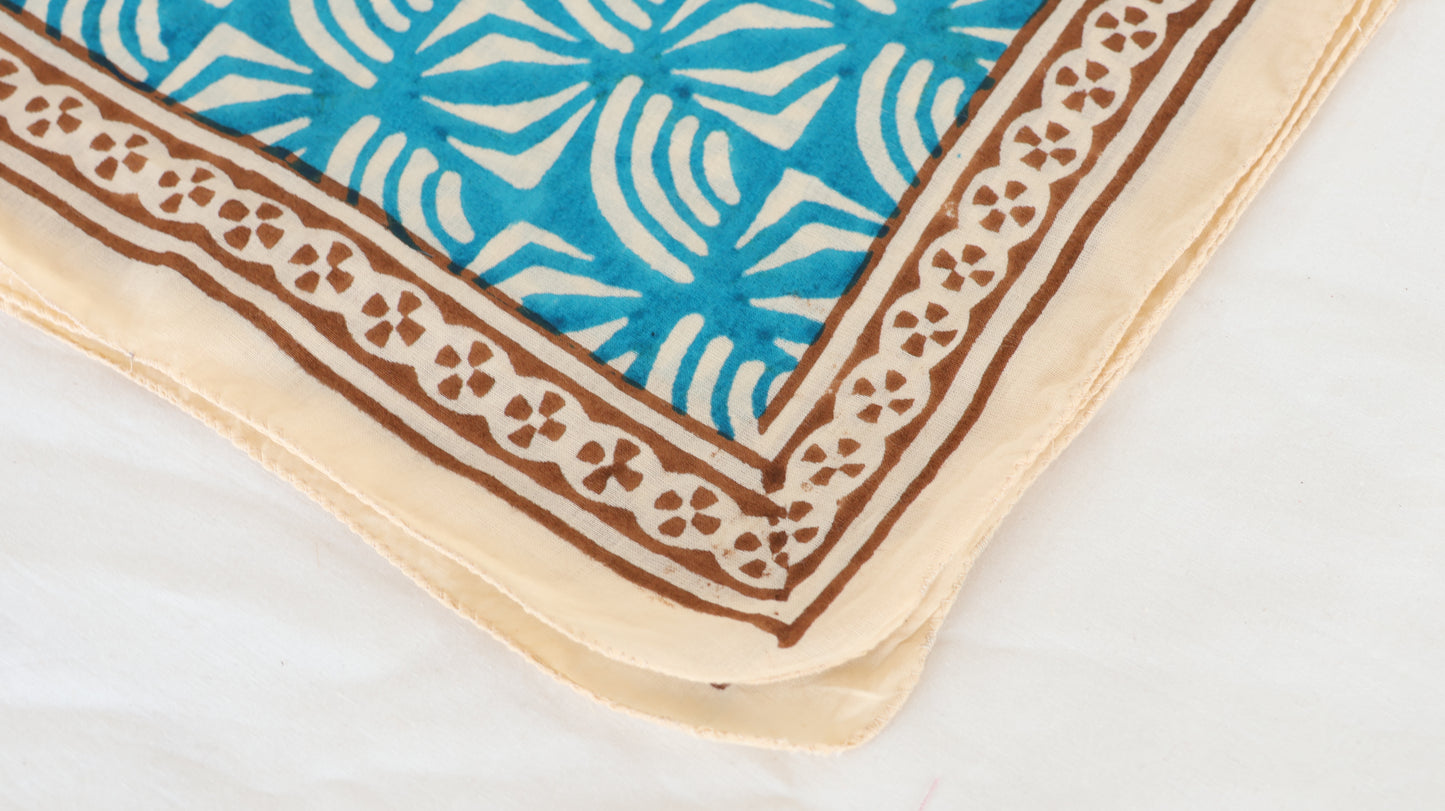 Hand Block Printed Cotton Bandana – Floral Geometric Pattern with Brown Border