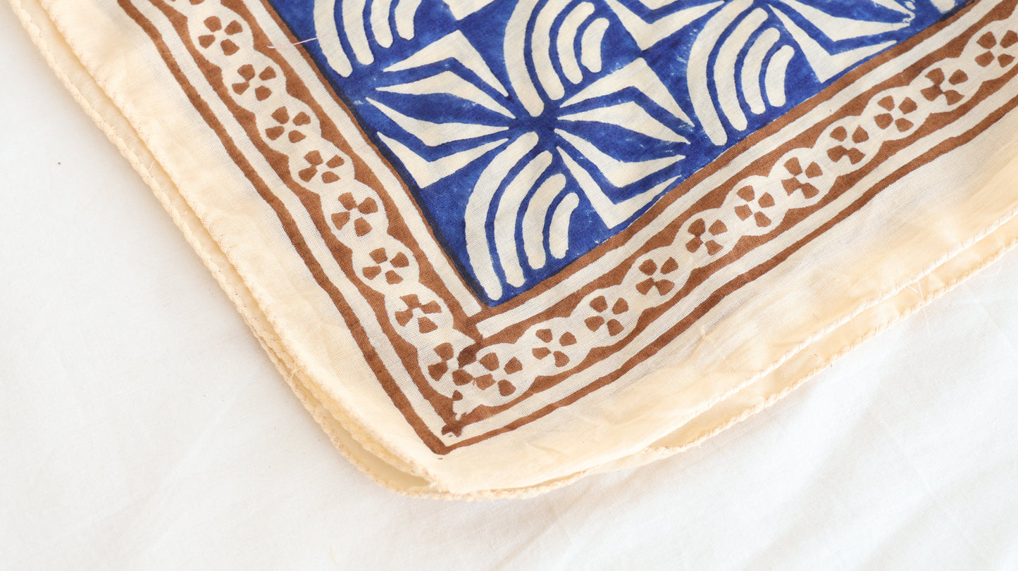 Hand Block Printed Blue Floral Cotton Bandana