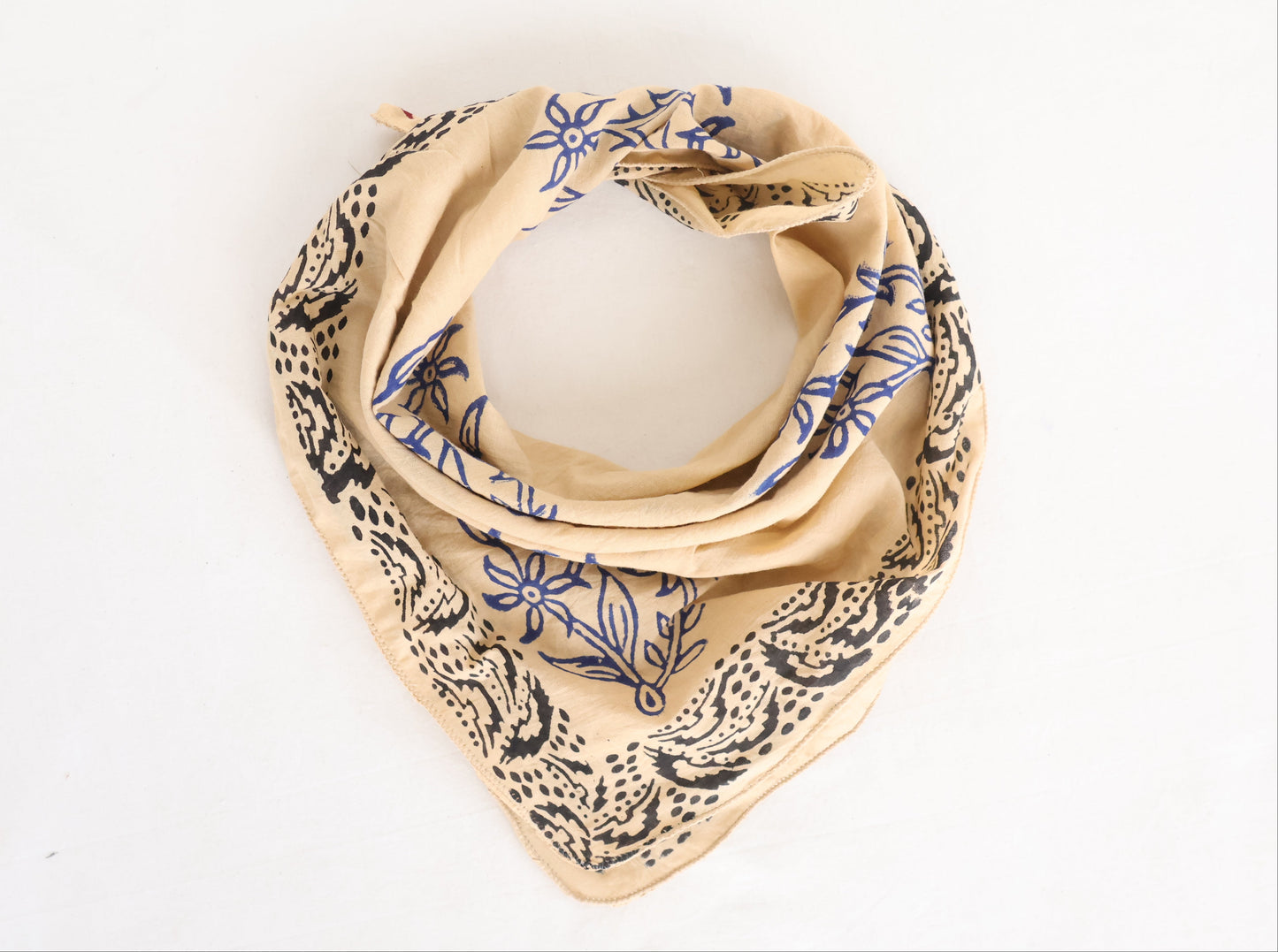 Eco-Friendly Beige Cotton Bandana with Blue and Black Design - Bohoblockprinted