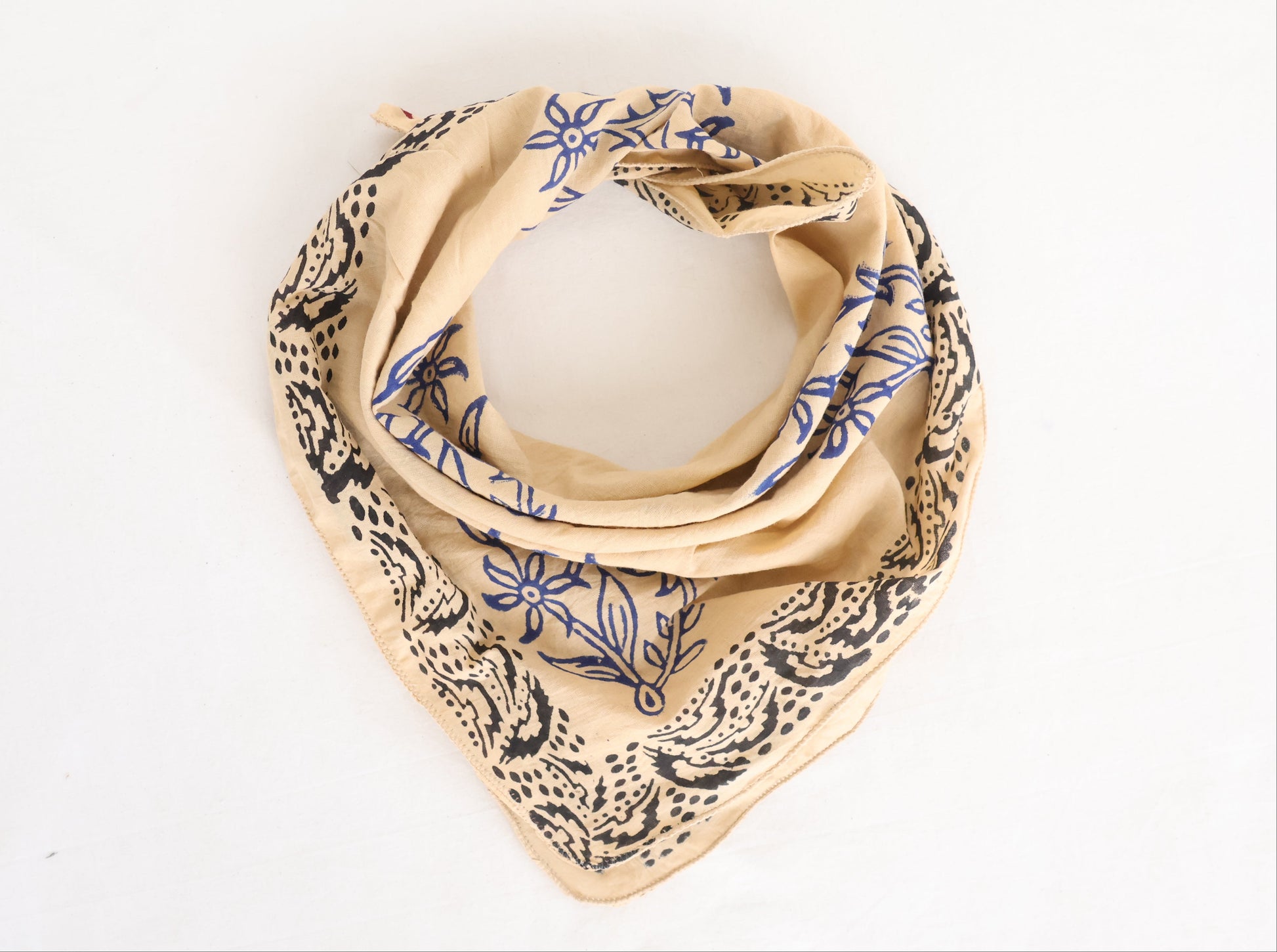 Eco-Friendly Beige Cotton Bandana with Blue and Black Design - Bohoblockprinted
