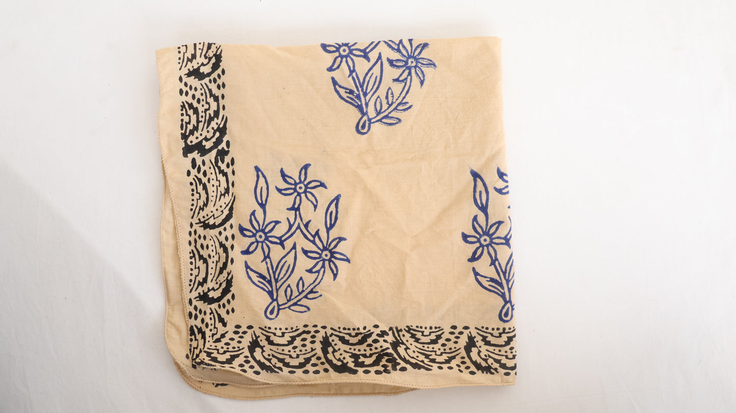 Eco-Friendly Beige Cotton Bandana with Blue and Black Design - Bohoblockprinted