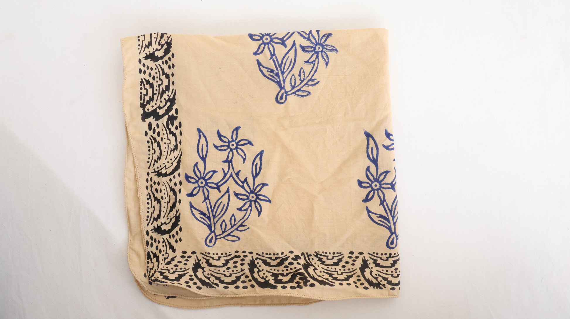 Eco-Friendly Beige Cotton Bandana with Blue and Black Design - Bohoblockprinted
