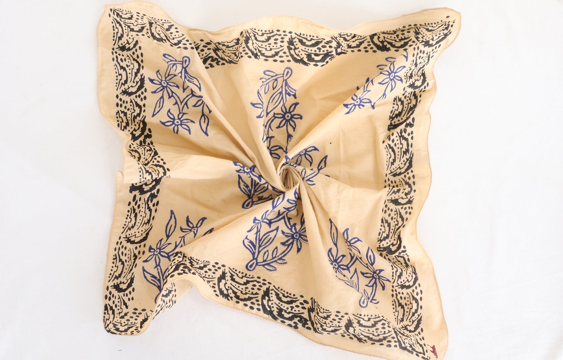 Eco-Friendly Beige Cotton Bandana with Blue and Black Design - Bohoblockprinted