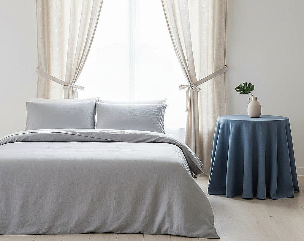 Neatly made bed with gray bedding in a bright bedroom with white walls and light-colored curtains.