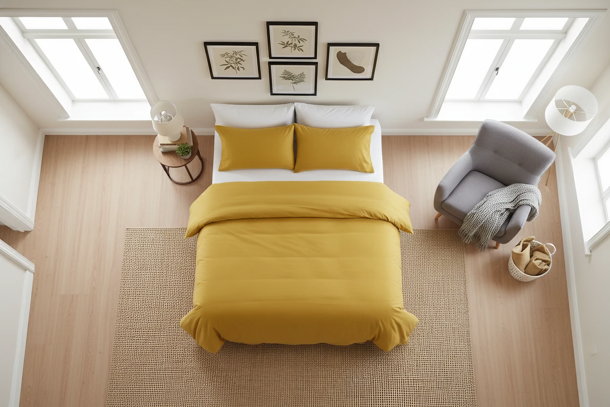 Modern bedroom with yellow bedding, white pillows, and a gray armchair.