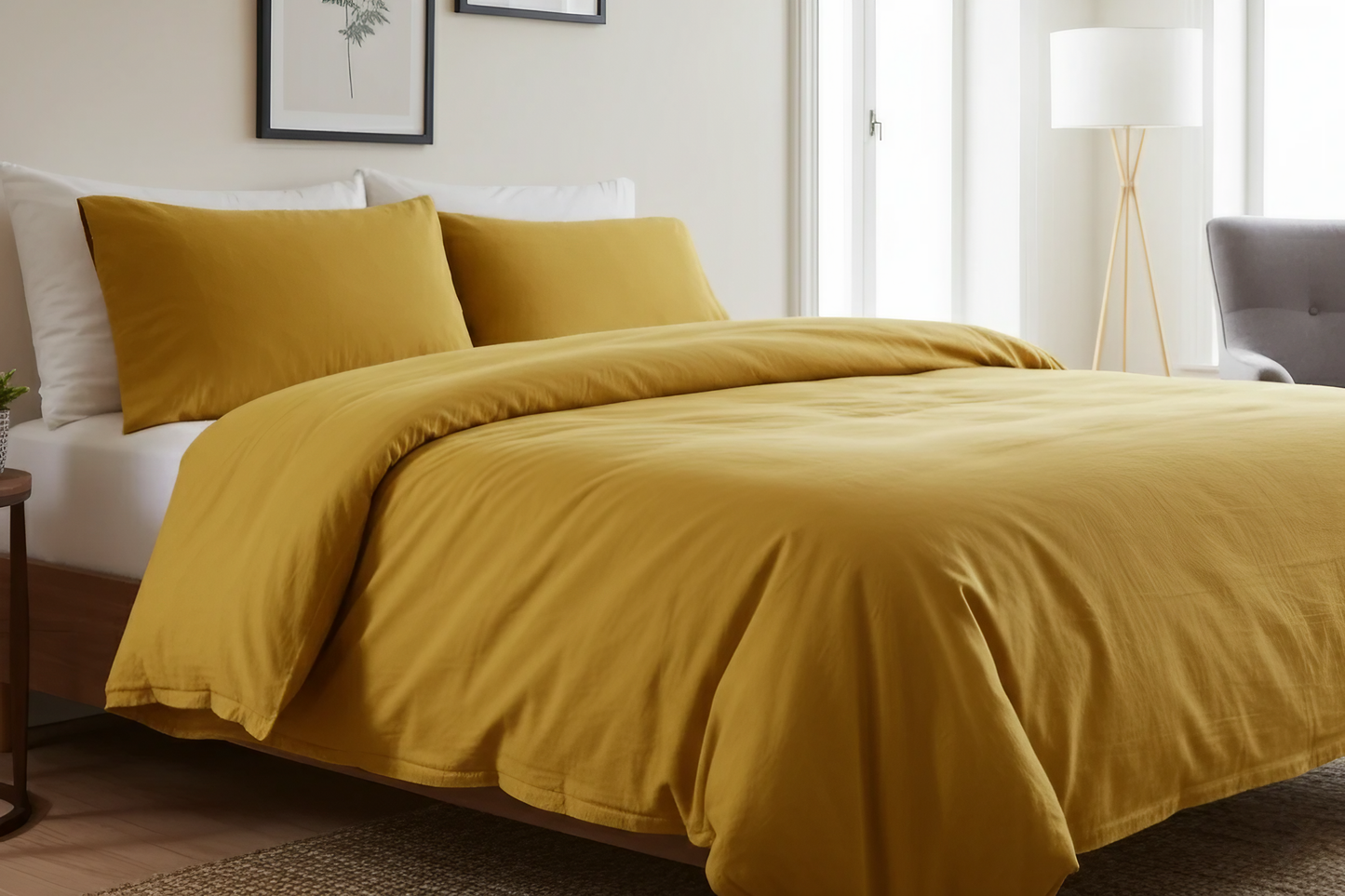 Yellow bedding set on a bed in a well-lit bedroom