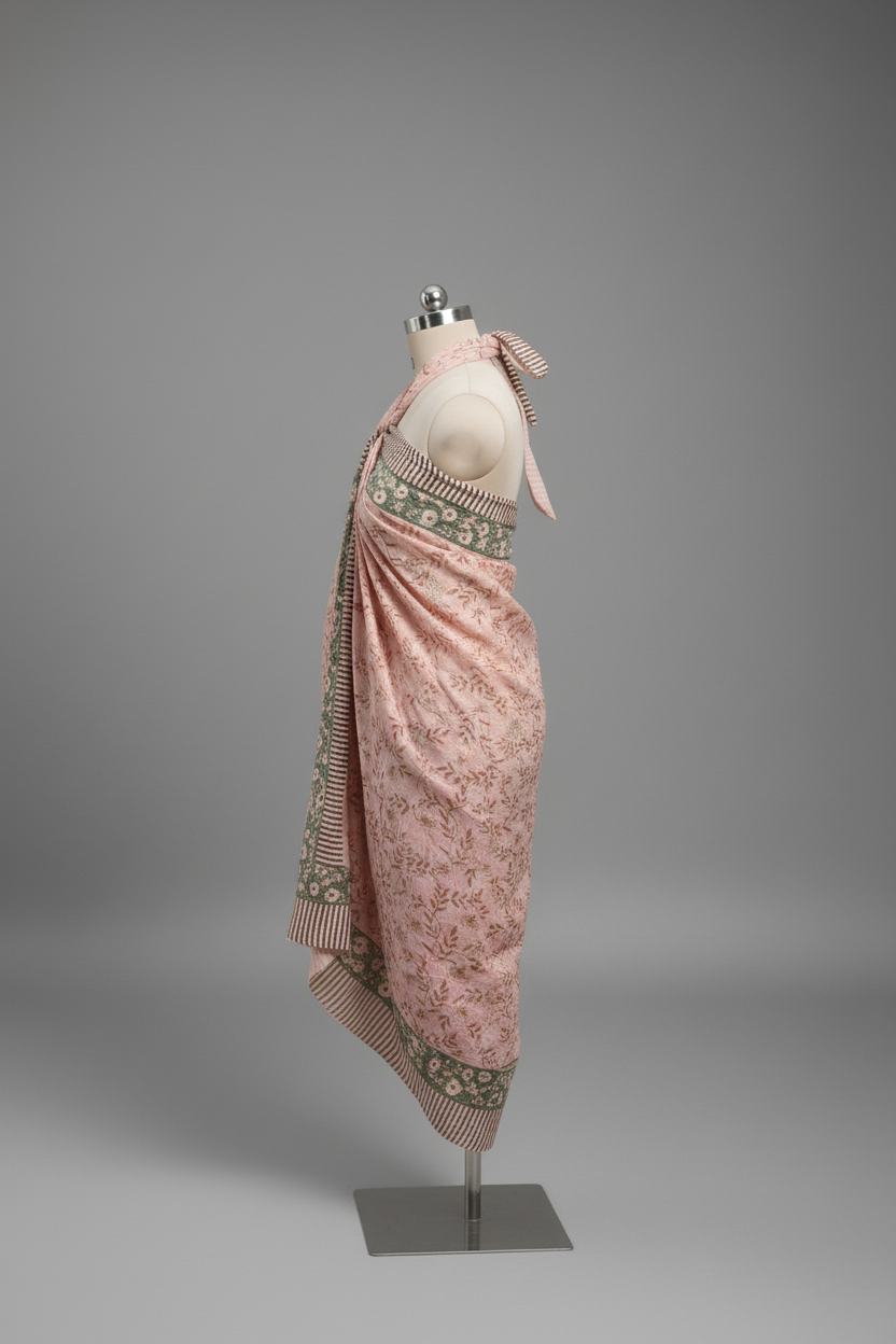 Pink floral dress on a mannequin against a gray background