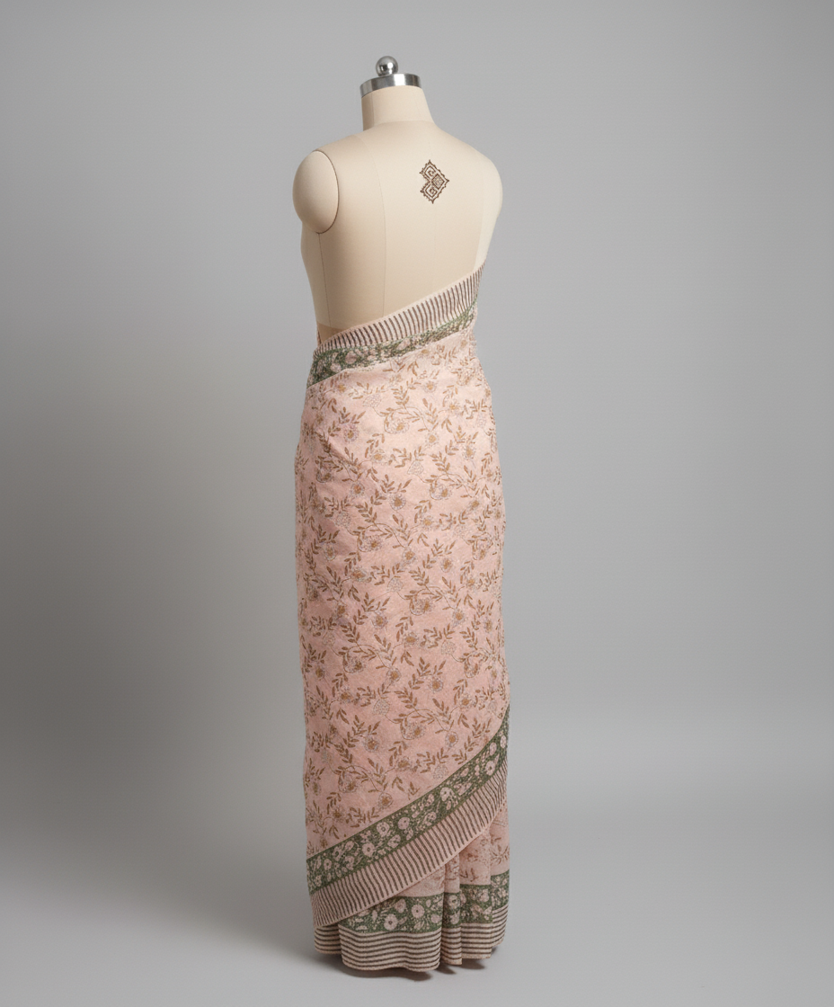 Mannequin wearing a pink floral dress with a gray background