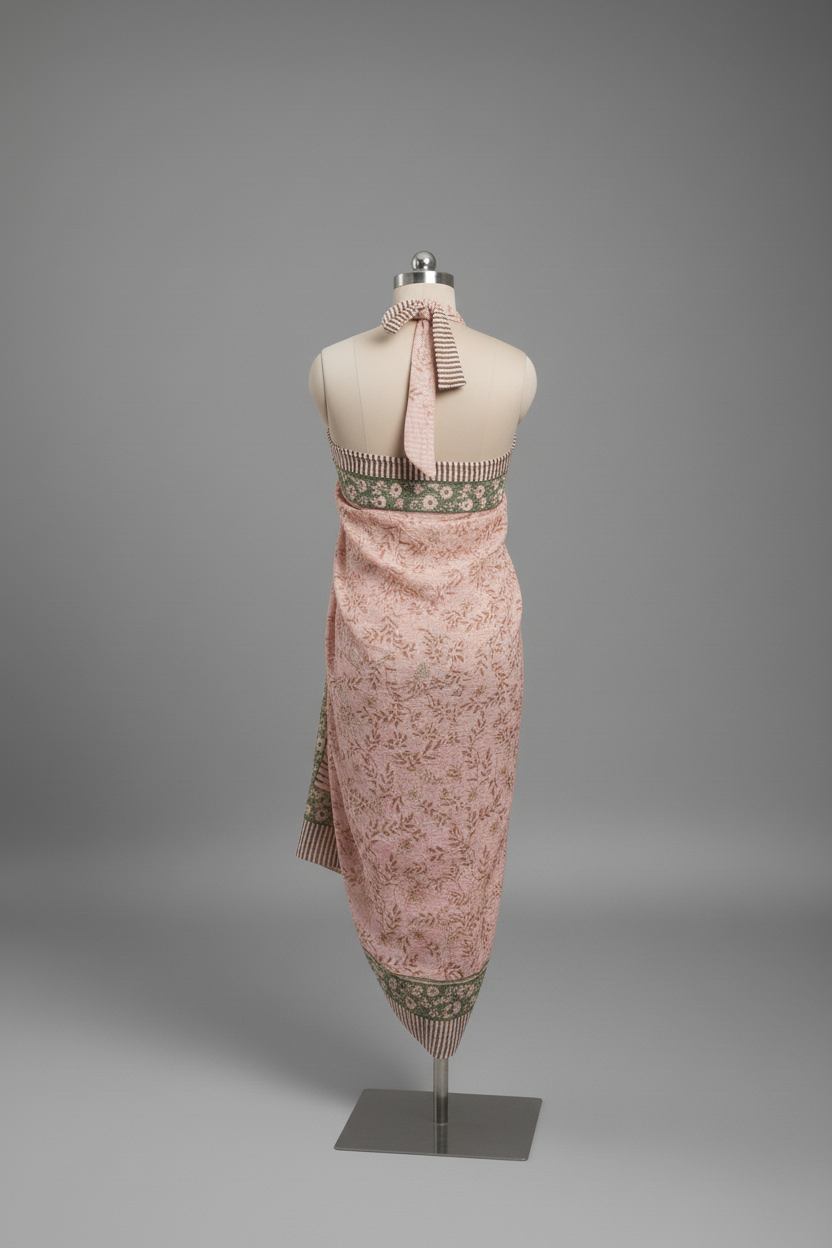 Mannequin wearing a pink dress with floral patterns on a gray background
