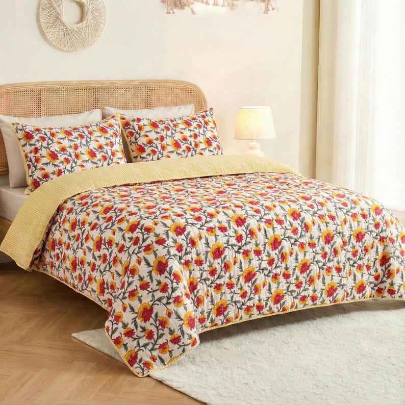 Hand Block Print Quilt, Comforter Cover Set, Printed Fabric Quilt Set, Cotton Quilt Set, Cotton Home Decor, Set with Pillow