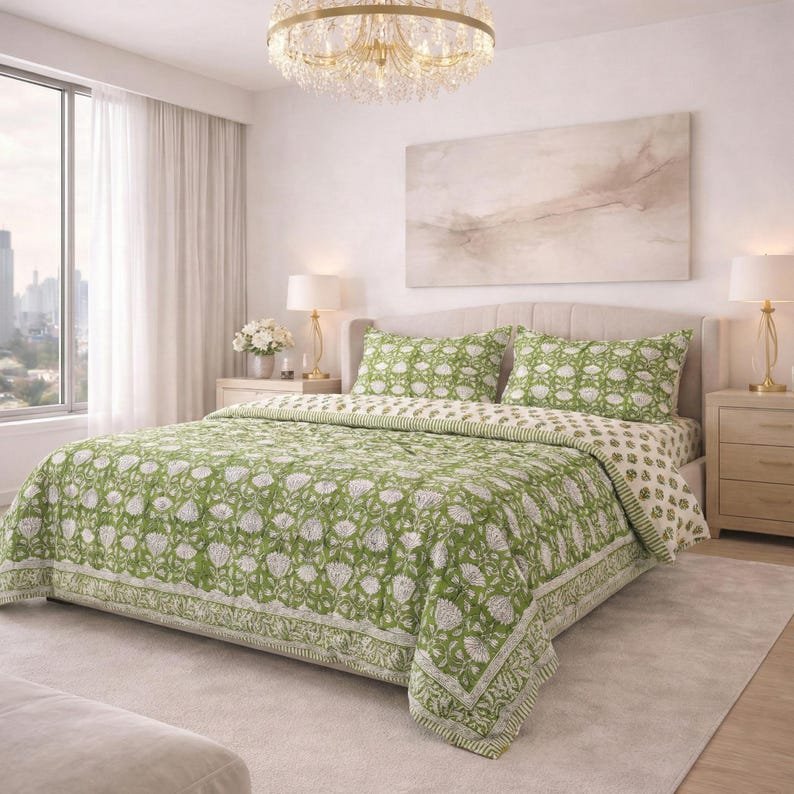 Green Floral Block Print Duvet Cover,Hand Block Printed Cotton Bedding, Botanical Indian Quilt Cover, Bedroom Decor | Elegant Floral cover