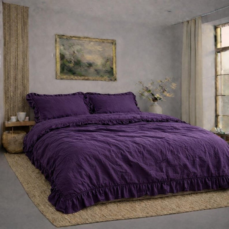Dark Purple Linen Duvet Cover with Two Pillow Case – Breathable Washed Linen Bedding Decor Set | King Queen Bedding Set Linen Bed Cover
