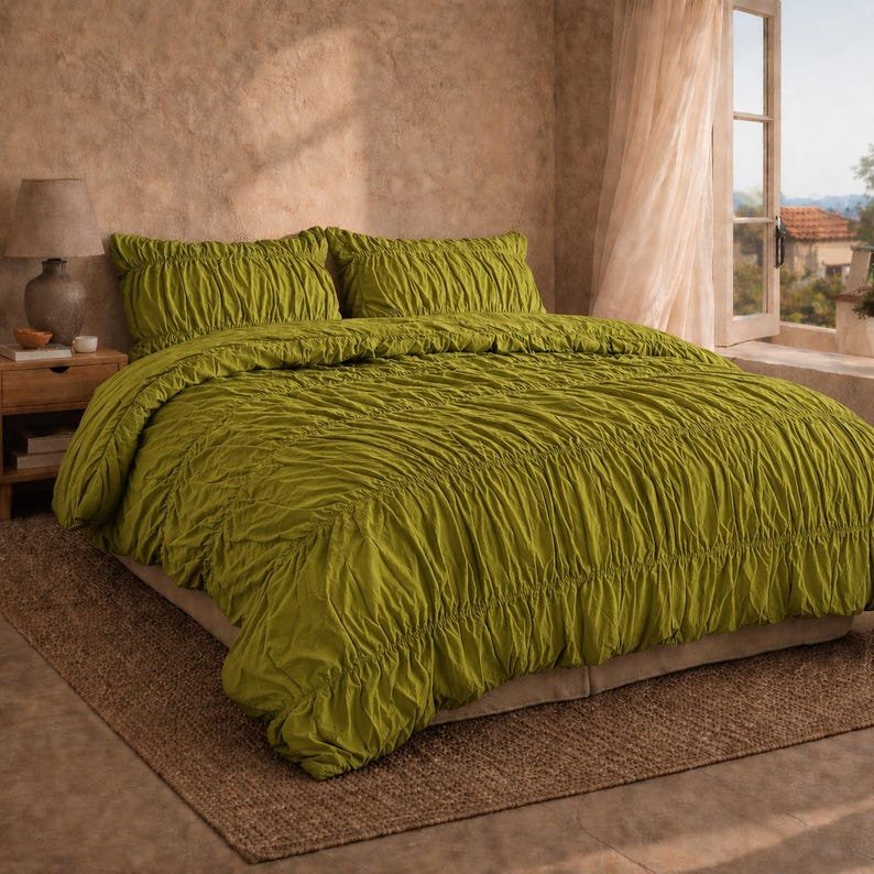 Olive Green Wrinkle Duvet Cover, Soft Cotton Ruched Bedding, Boho Minimal Bed Cover, Modern Textured Duvet Set | Elegant Wrinkle Finish Bed