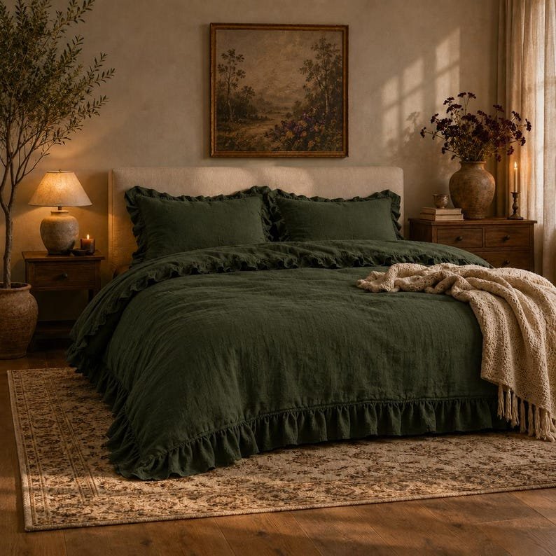 Dark Moss Green Linen Duvet Cover with Ruffles | Rustic Farmhouse Bedding Set | Washed Linen Bedspread | Stonewashed Linen Bedspread